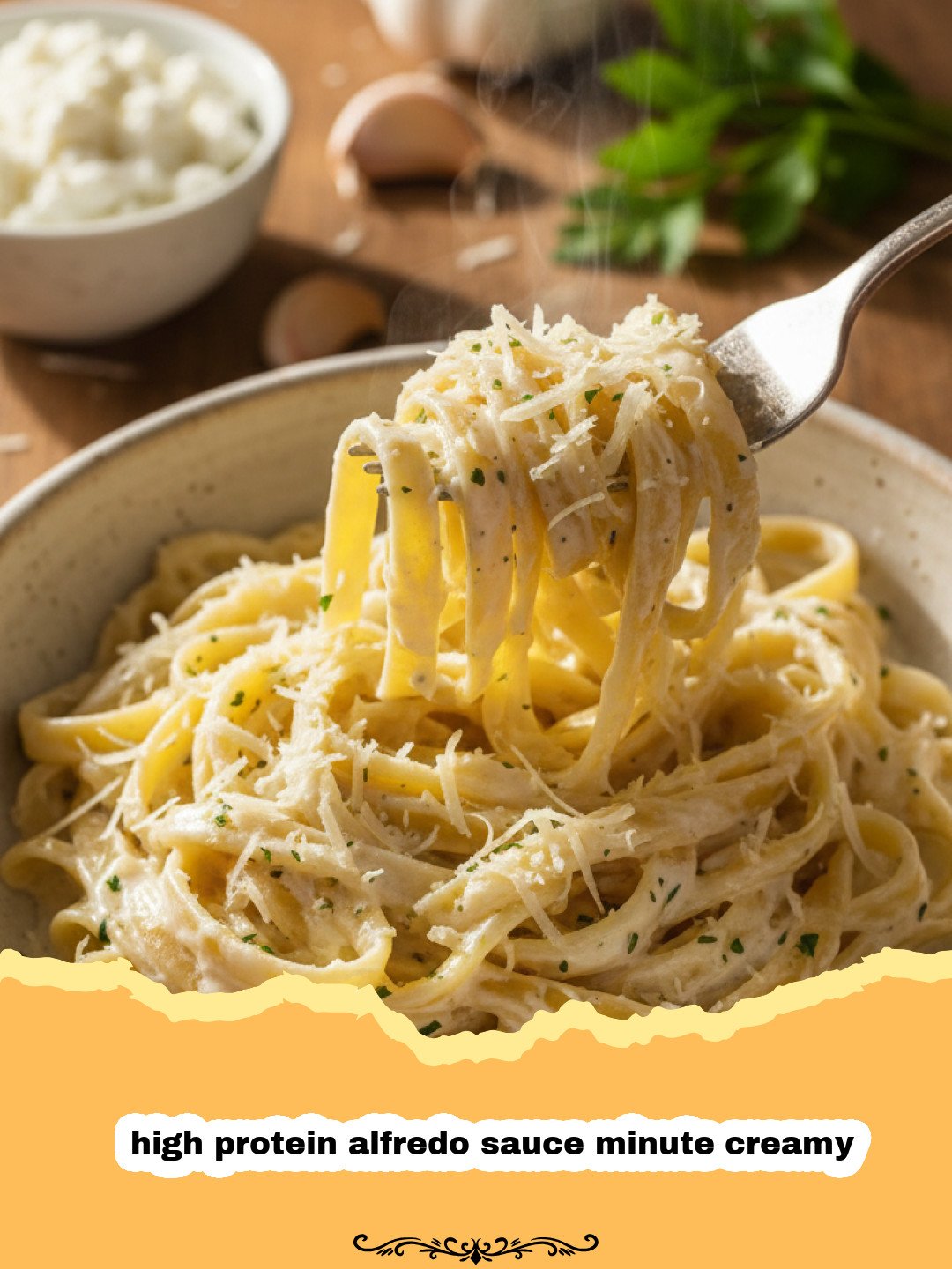 high protein alfredo sauce minute creamy - Creamy high-protein Alfredo pasta dish with fresh parsley on a white plate