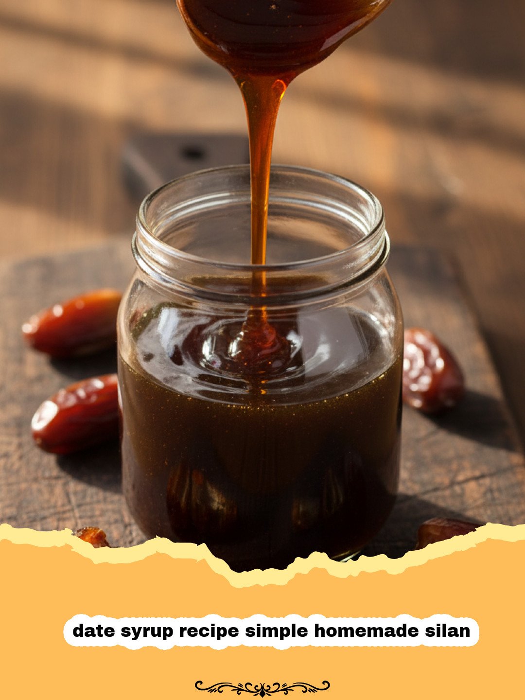 date syrup recipe simple homemade silan - A jar of golden-brown homemade date syrup (silan) next to a pile of fresh dates.