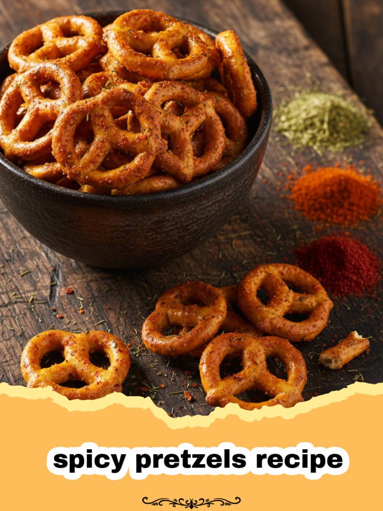 spicy pretzels recipe - A bowl of golden brown spicy pretzels seasoned with red pepper flakes and herbs.