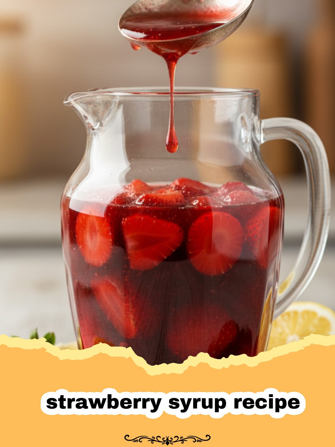 strawberry syrup recipe - Close-up of vibrant red homemade strawberry syrup in a glass jar, with fresh strawberries and a lemon slice in the background