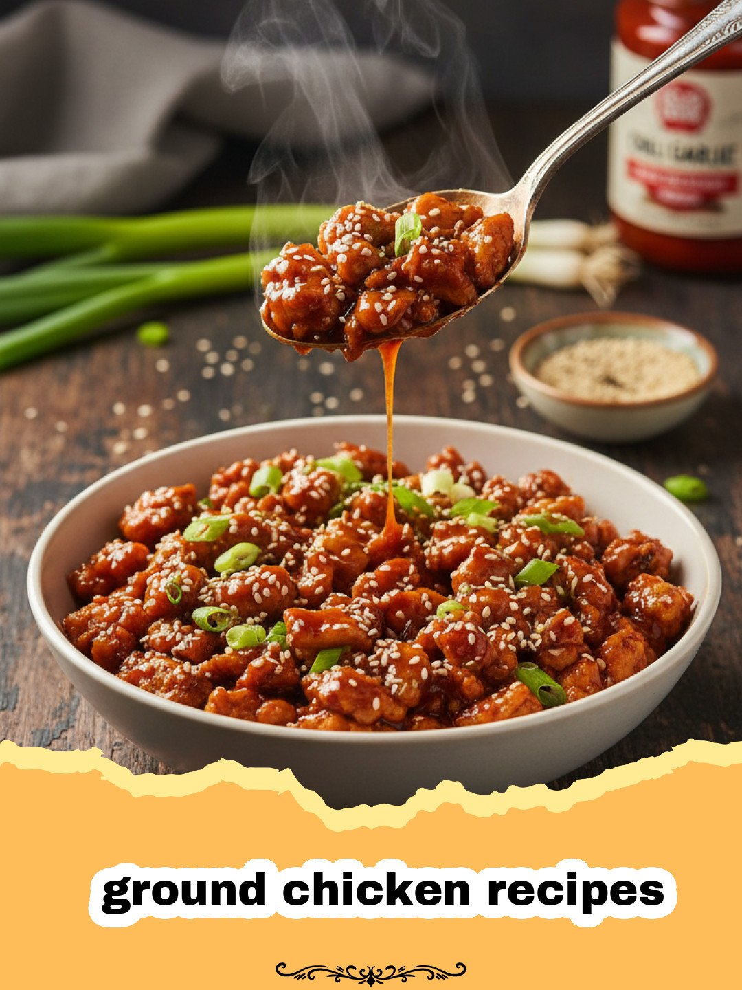 ground chicken recipes - Close-up of Honey Garlic Ground Chicken Stir-Fry in a skillet, garnished with green onions and sesame seeds, with rice in the background.