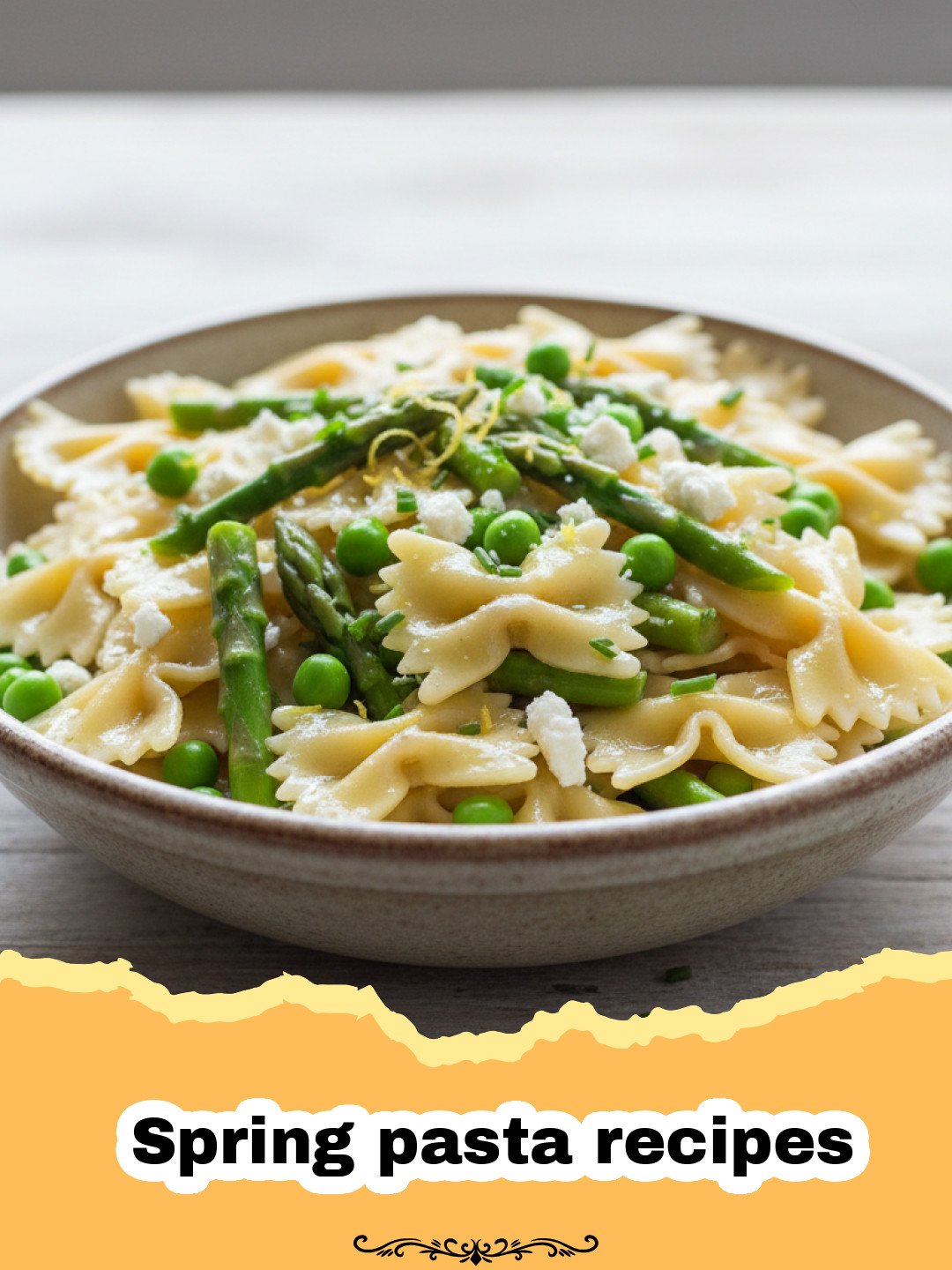 Creamy Lemon Asparagus Pasta: A Celebration of Spring 3 Spring pasta recipes - A white bowl filled with creamy lemon pasta, bright green asparagus, and peas, garnished with herbs.