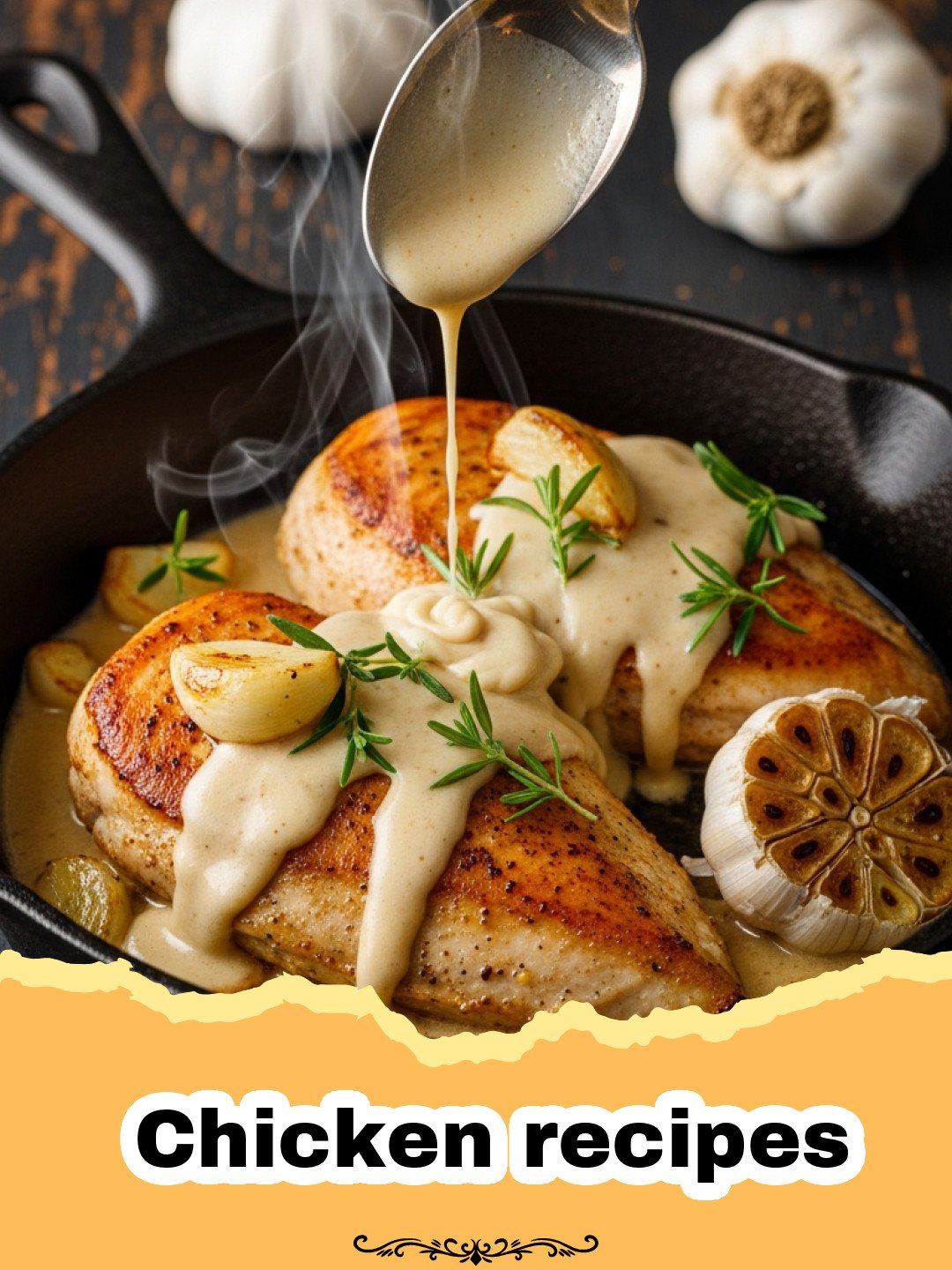 Chicken recipes - Golden brown roasted chicken with lemon and rosemary garnishes on a white platter