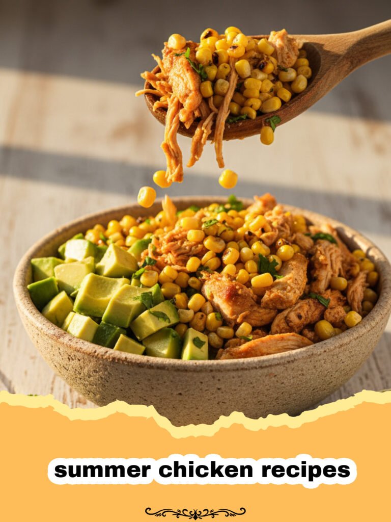 summer chicken recipes - Zesty Lemon Herb Chicken with vibrant peach and basil salsa on top, served with a side salad on a white plate.