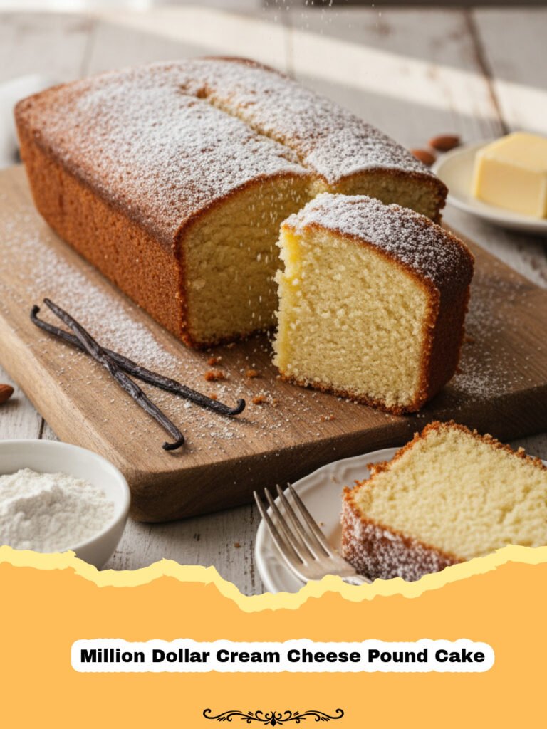 A perfectly baked golden brown Million Dollar Cream Cheese Pound Cake on a wire rack, with a slice cut out revealing its moist crumb.