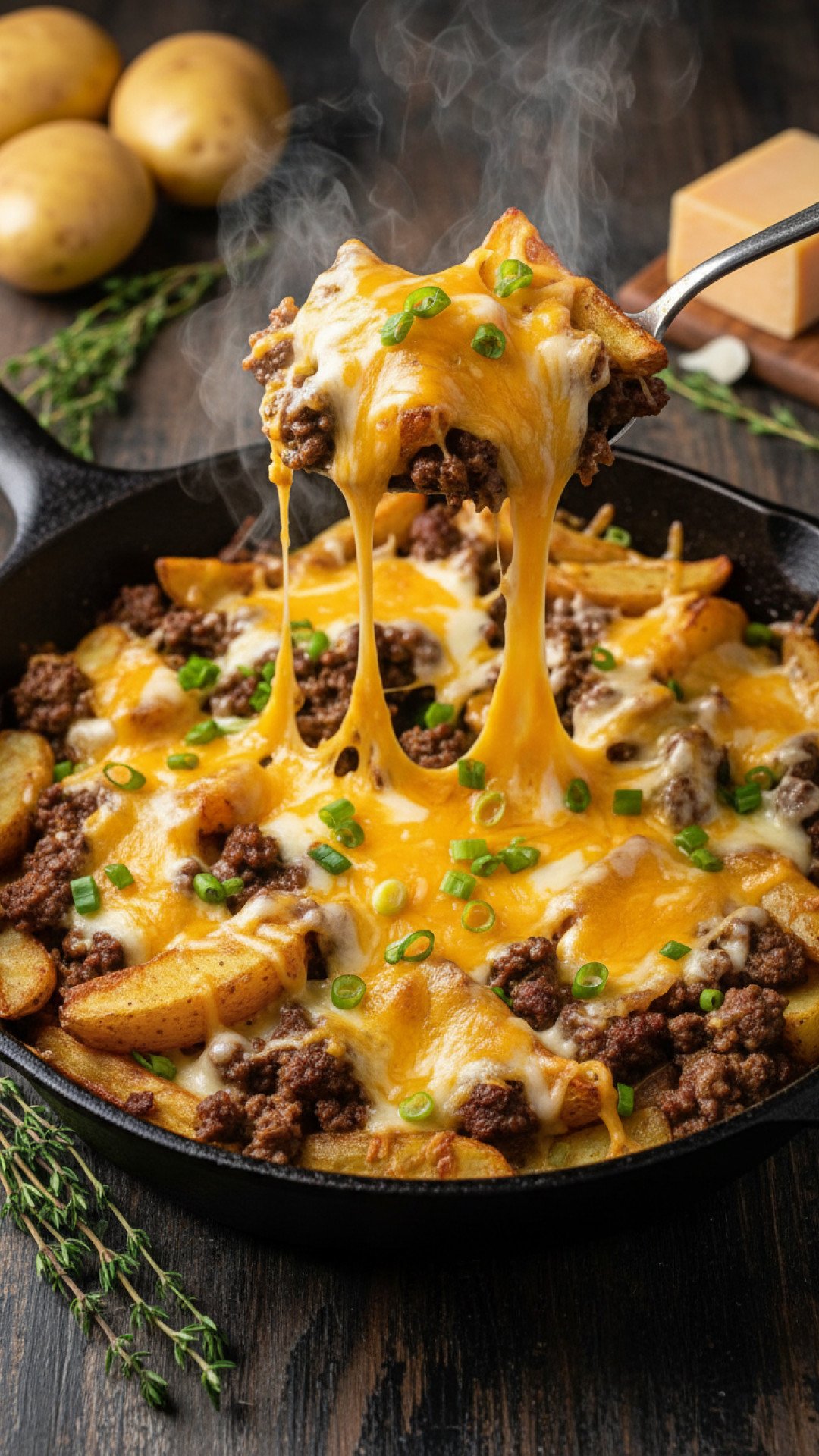 One Pan Cheesy Potato Meat Skillet Preparation