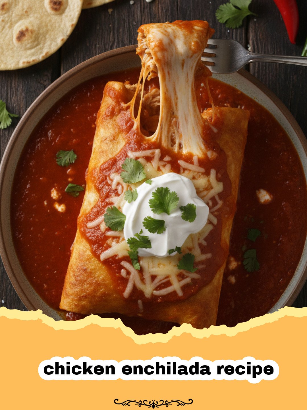 chicken enchilada recipe - Close-up of golden-brown chicken enchiladas topped with melted cheese and fresh cilantro, in a baking dish.