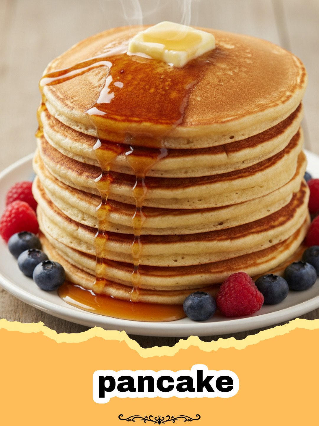 Stack of fluffy buttermilk pancakes topped with butter and maple syrup