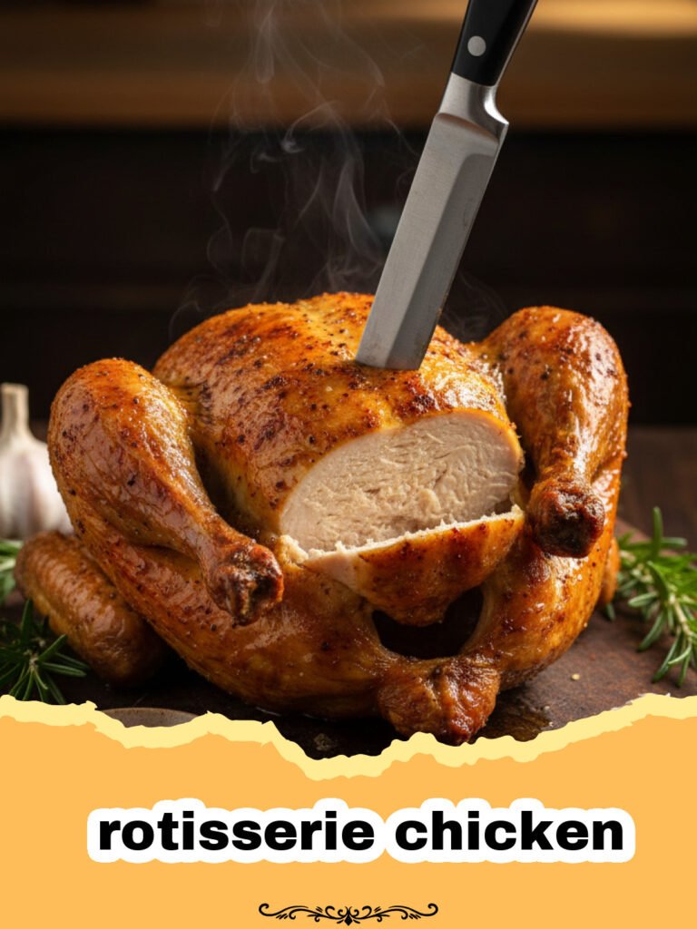 Whole roasted rotisserie chicken with golden crispy skin on a platter with herbs
