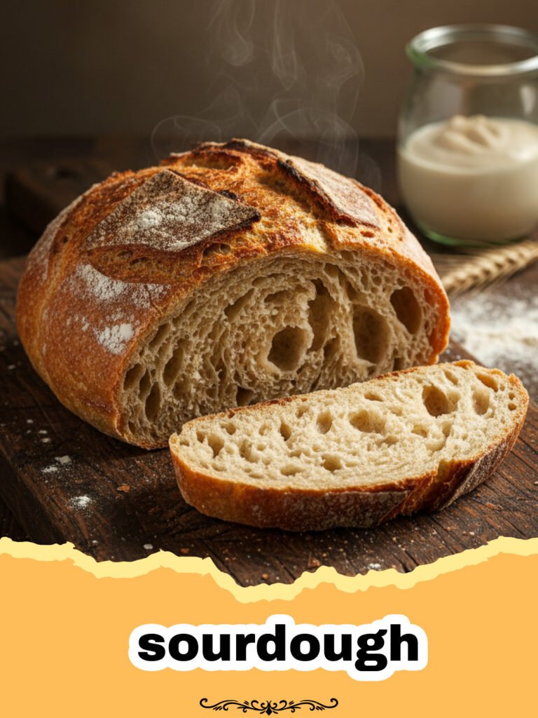 The Ultimate Guide to Baking Perfect Sourdough Bread at Home 5 A perfectly baked rustic sourdough loaf with a beautiful golden crust and a distinct 'ear' on a wooden cutting board.