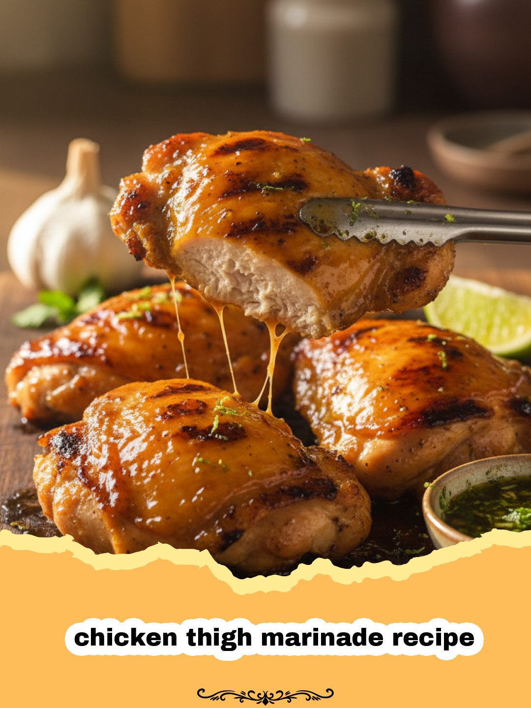 The Ultimate Savory Chicken Thigh Marinade Recipe 3 chicken thigh marinade recipe - Grilled chicken thighs glazed with a savory soy and honey marinade on a wooden platter.
