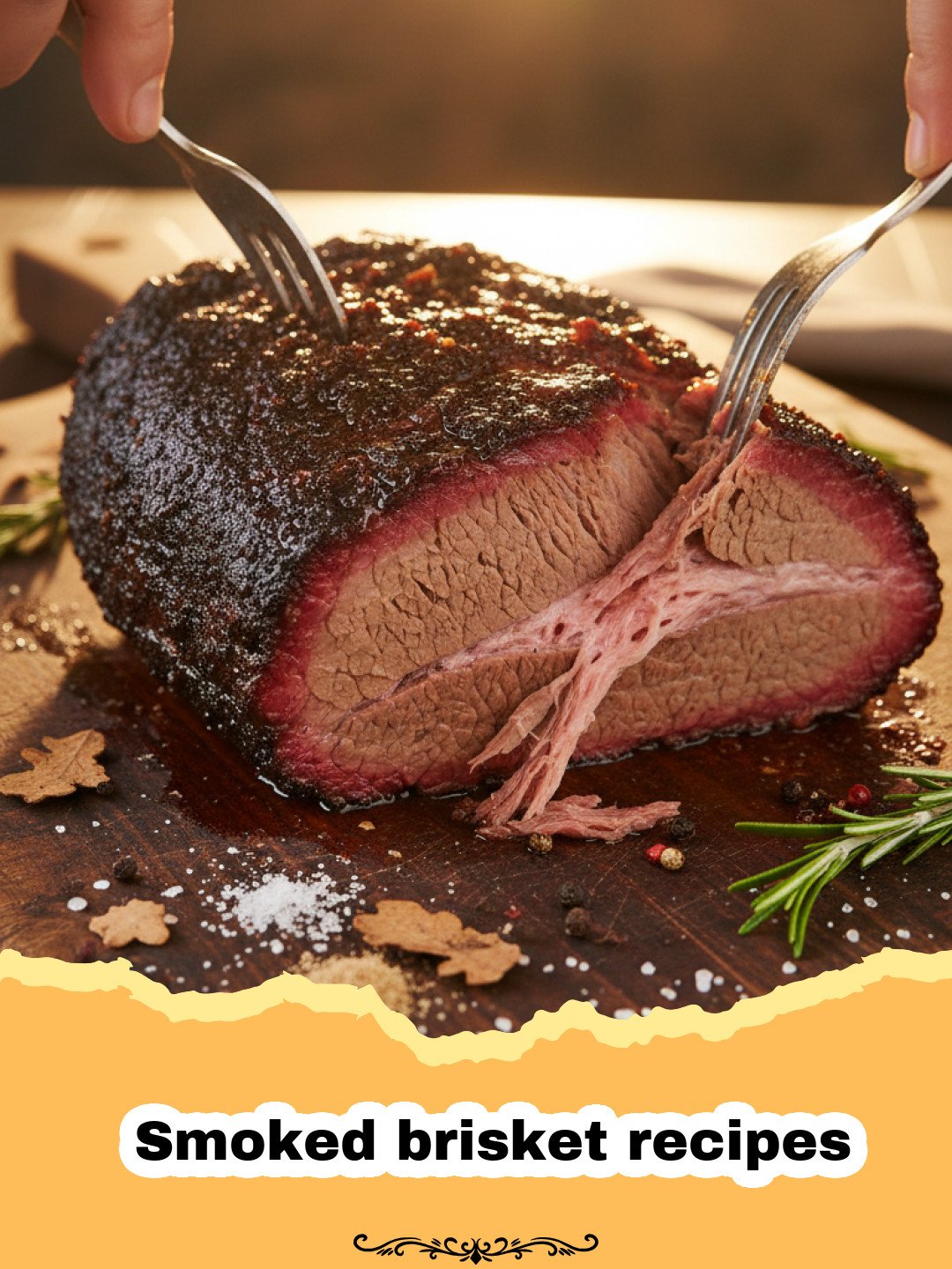 The Master Guide to Smoked Brisket Recipes: A Low and Slow Journey 3 Smoked brisket recipes - A perfectly sliced smoked brisket with a dark bark and pink smoke ring on a wooden cutting board.