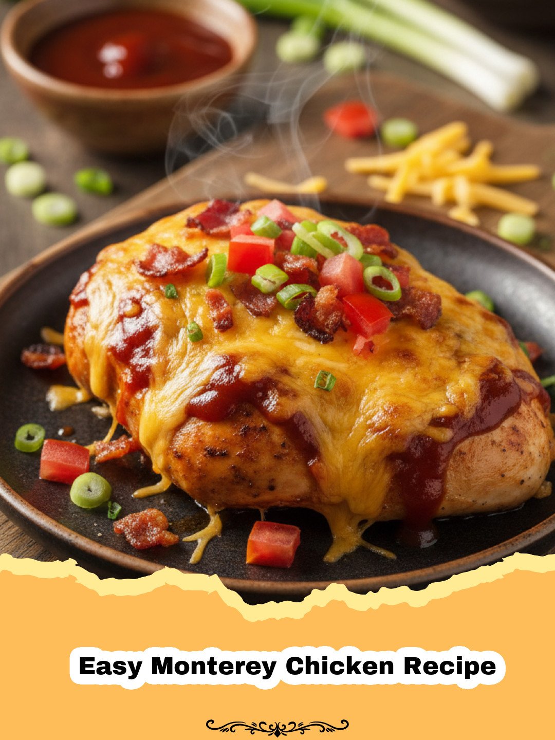 Close-up of a skillet with Easy Monterey Chicken Recipe, showing melted cheese, BBQ sauce, and crumbled bacon on golden-brown chicken breasts, with fresh parsley garnish.