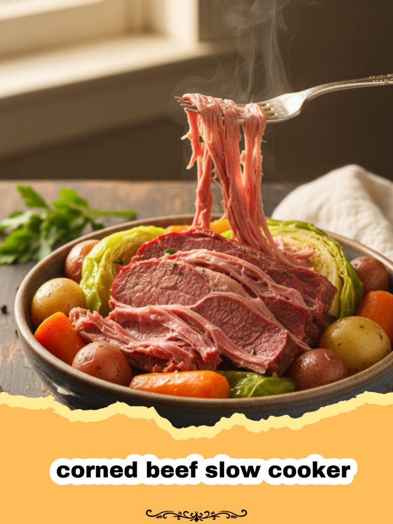 The Ultimate Tender Slow Cooker Corned Beef & Cabbage 5 corned beef slow cooker - A succulent slice of slow cooker corned beef with tender cabbage, potatoes, and carrots on a plate, garnished with fresh parsley.