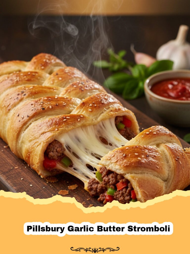 Unlock Weeknight Bliss: The Easiest Pillsbury Garlic Butter Stromboli You'll Ever Make! 5 Golden brown Pillsbury Garlic Butter Stromboli sliced on a cutting board with marinara sauce