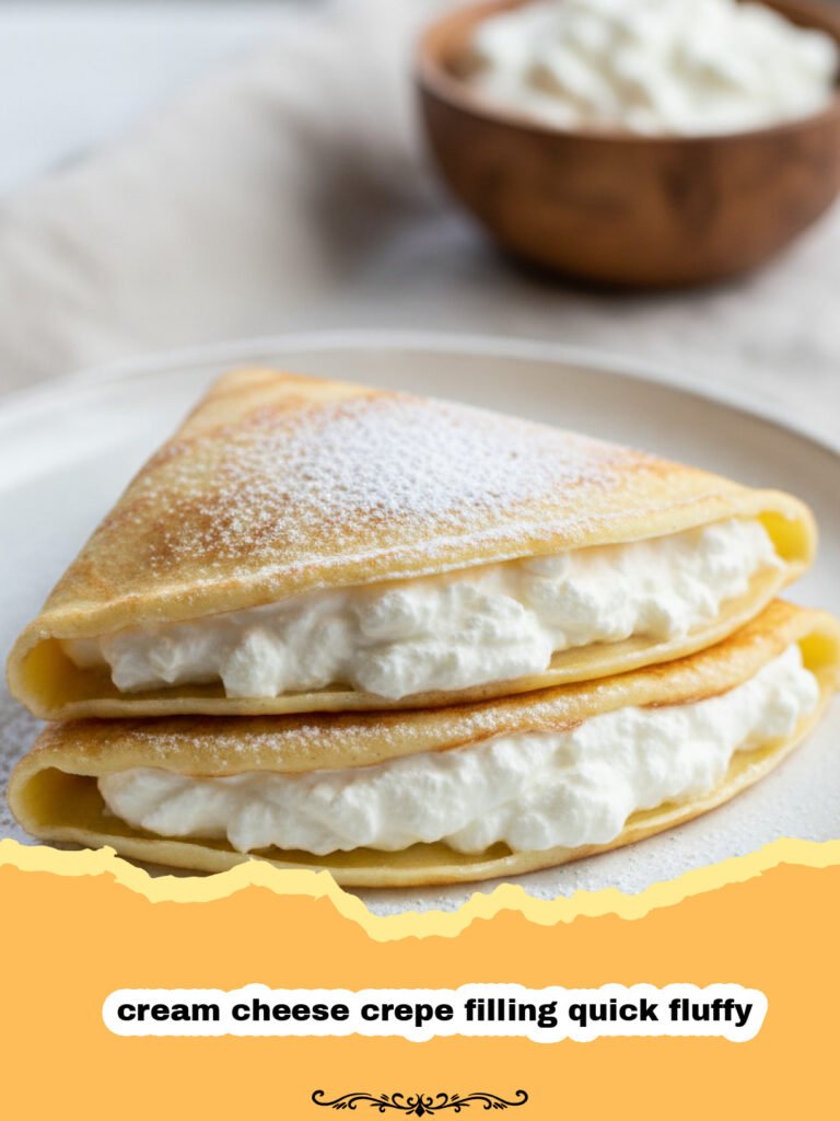 cream cheese crepe filling quick fluffy - Fluffy cream cheese crepe filling in a bowl, with a spoon, ready to be spread on crepes.