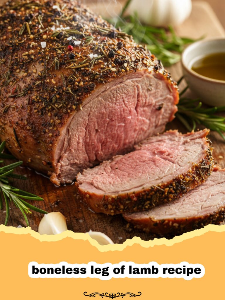 boneless leg of lamb recipe - Roasted boneless leg of lamb sliced on a platter with herbs
