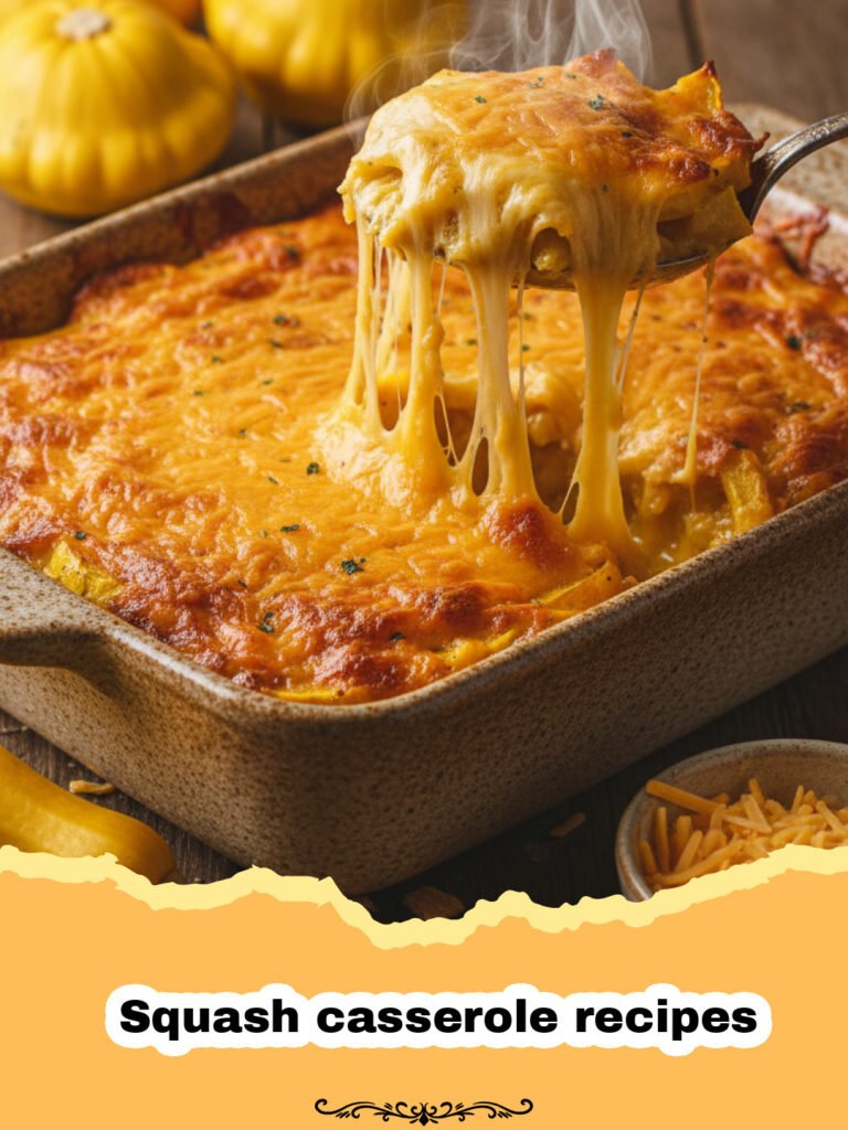 Squash casserole recipes - A golden brown squash casserole in a glass baking dish