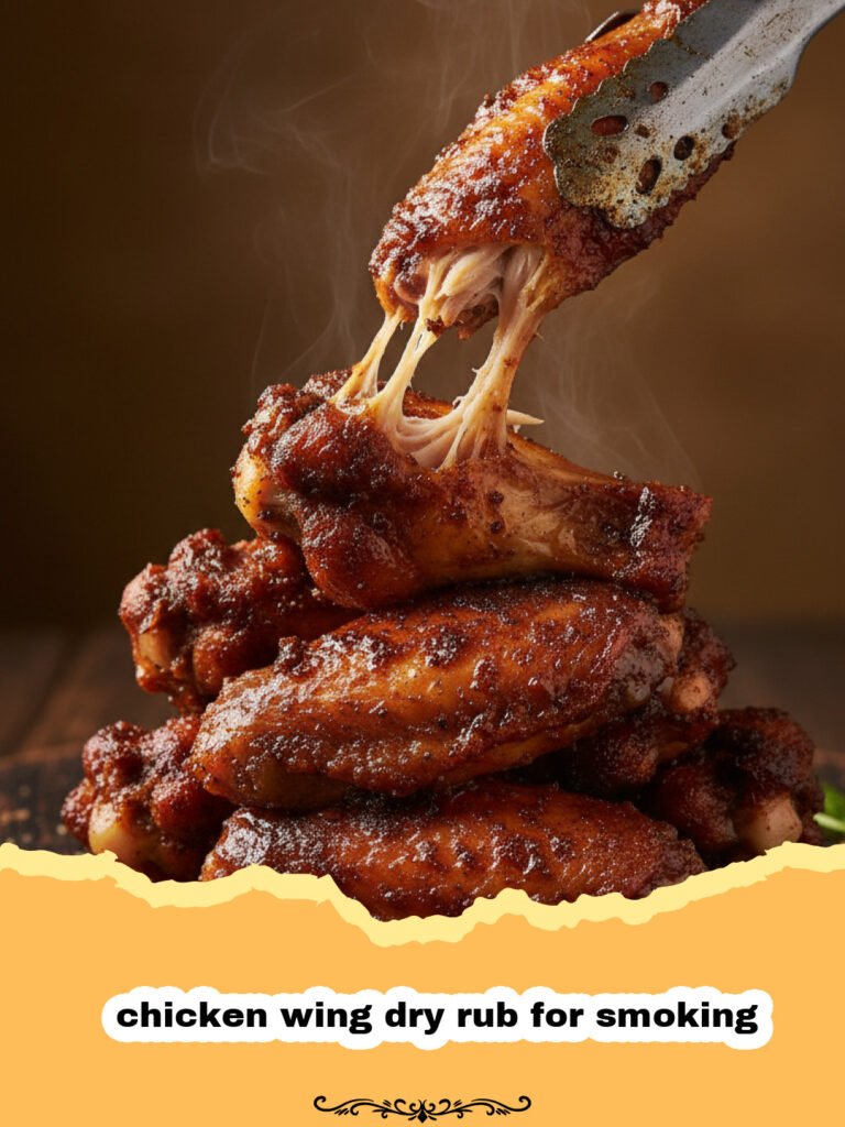 chicken wing dry rub for smoking - Close-up of crispy smoked chicken wings on a wooden board, coated in a dark, flavorful dry rub, with a small bowl of dry rub in the background.