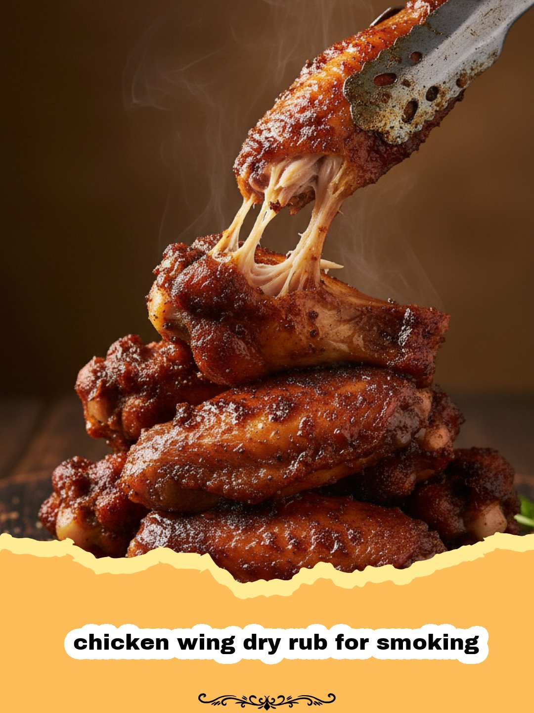 chicken wing dry rub for smoking - Close-up of crispy smoked chicken wings on a wooden board, coated in a dark, flavorful dry rub, with a small bowl of dry rub in the background.