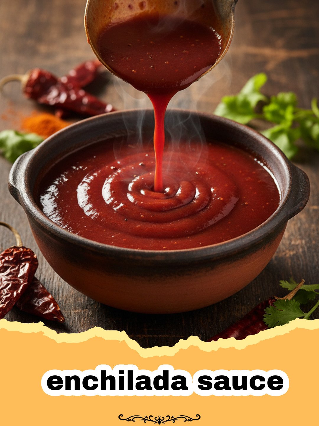 A bowl of rich, red homemade enchilada sauce with fresh cilantro garnish and a wooden spoon.