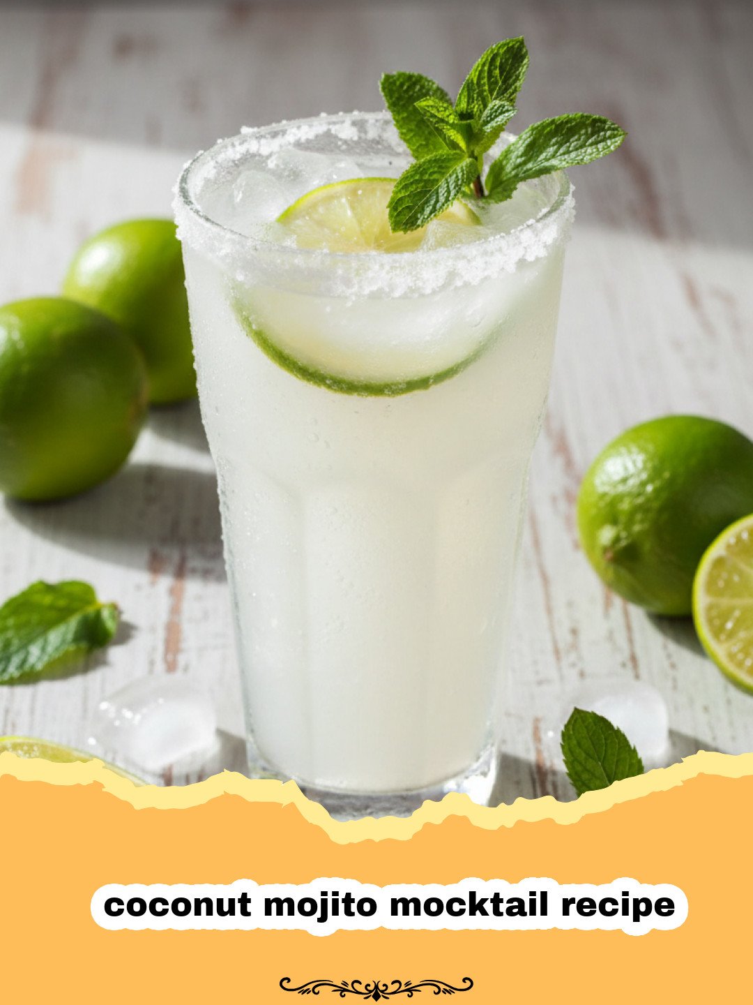 coconut mojito mocktail recipe - A refreshing coconut mojito mocktail in a tall glass, garnished with fresh mint and lime, set against a tropical background.