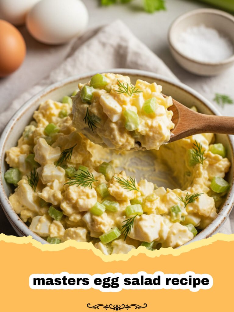 Close-up of a creamy masters egg salad recipe served on a piece of toasted bread with fresh dill.