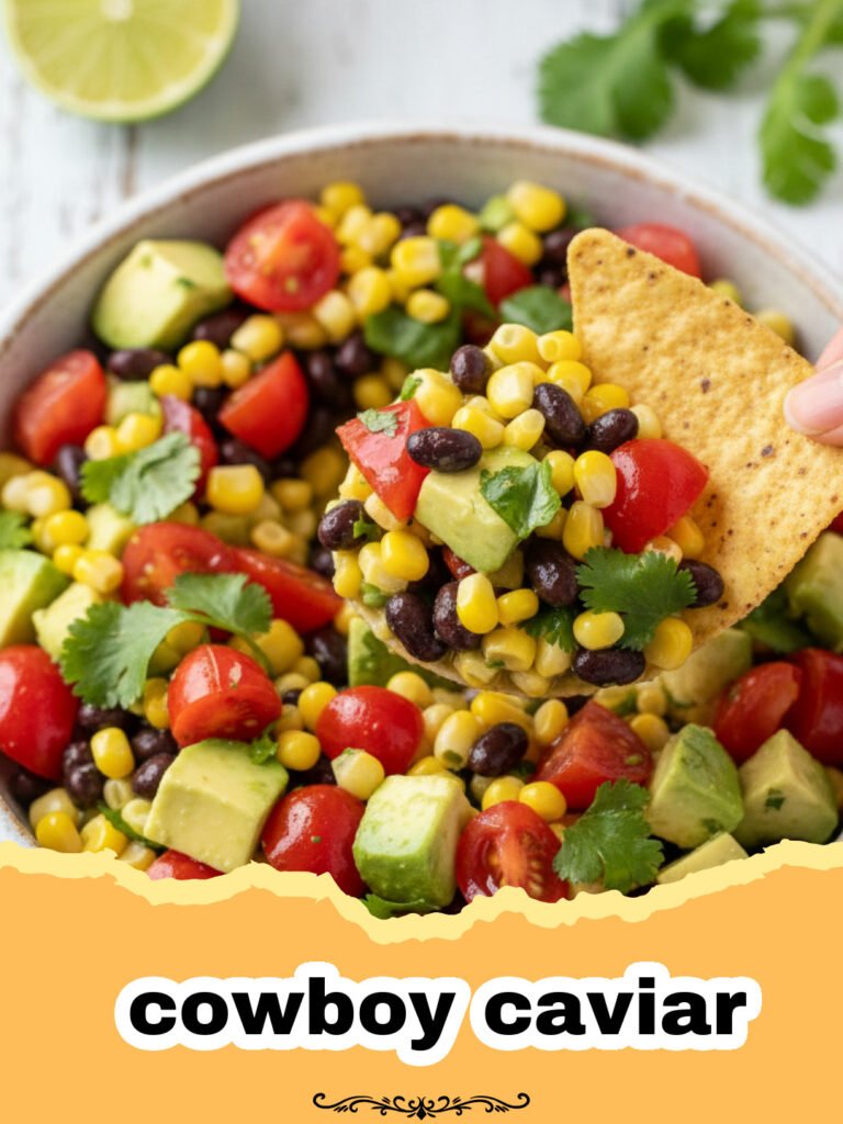 Close-up of vibrant cowboy caviar in a glass bowl with tortilla chips around it.