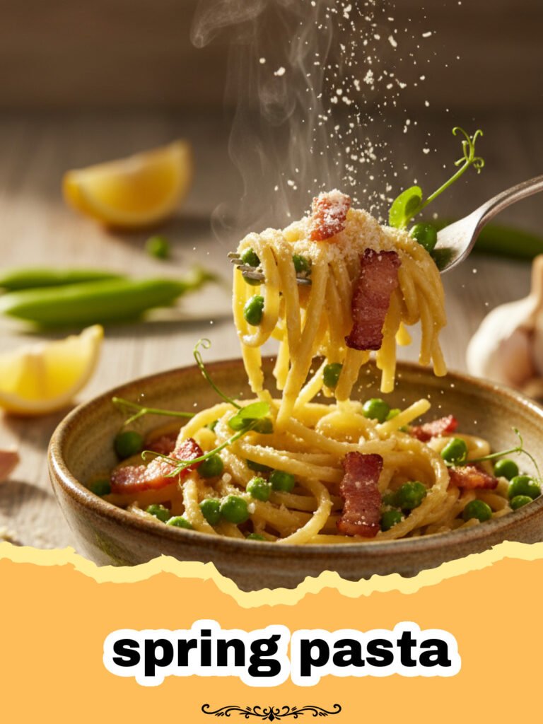 Close-up of a bowl of vibrant spring pasta with asparagus, peas, lemon, and fresh herbs.