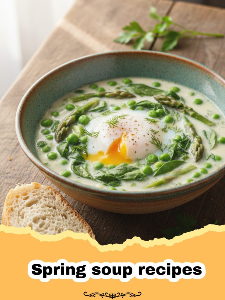 Velvety Spring Green Pea and Asparagus Soup 5 Spring soup recipes - A bowl of bright green spring pea and asparagus soup garnished with mint and cream.