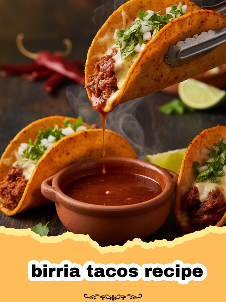 birria tacos recipe - Close-up of three cheesy birria tacos with consommé, cilantro, and onion