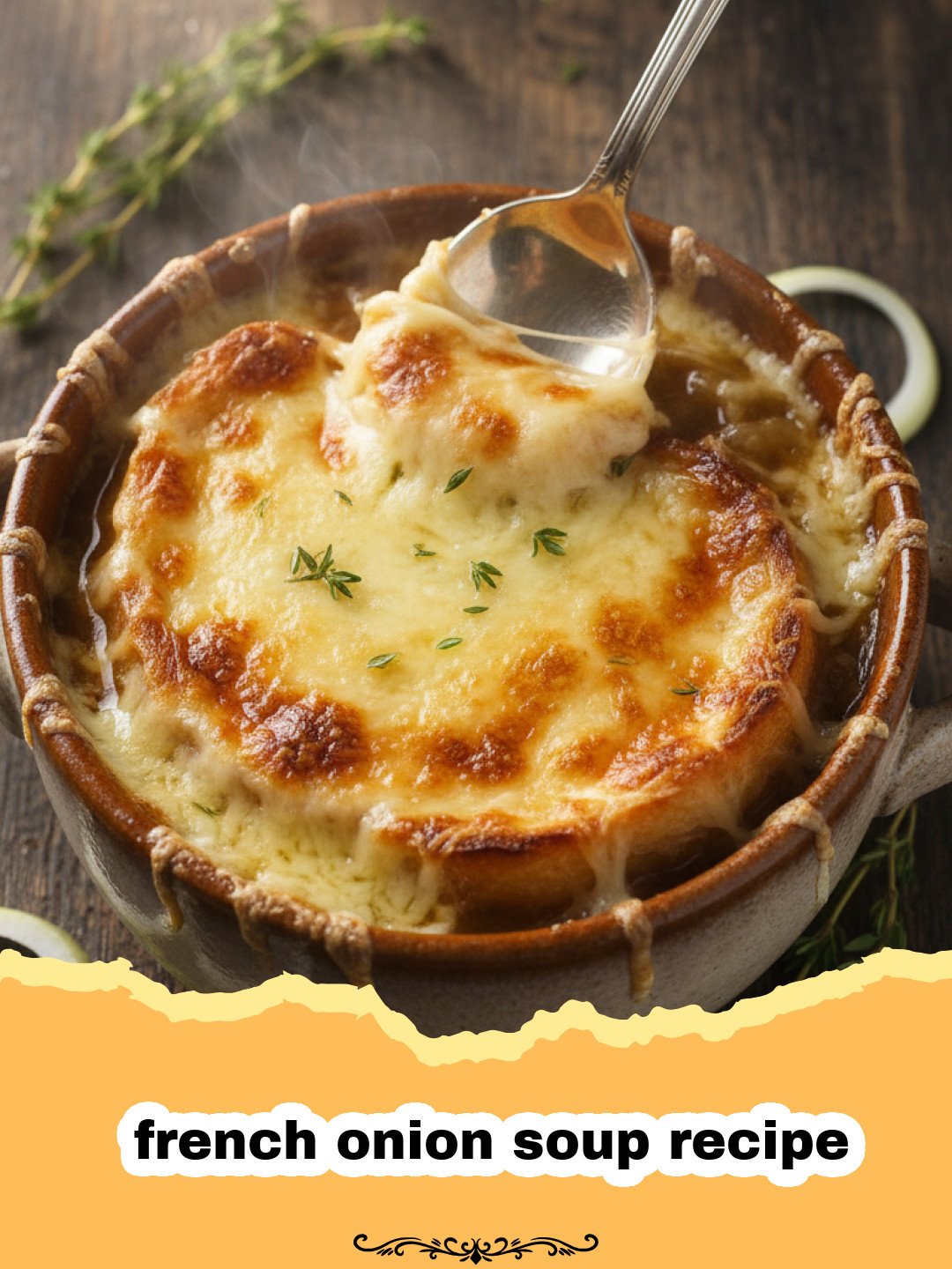 The Ultimate Comfort: Authentic French Onion Soup Recipe 3 french onion soup recipe - Close-up of bubbling, golden brown French Onion Soup with melted Gruyere cheese and croutons in an oven-safe crock.