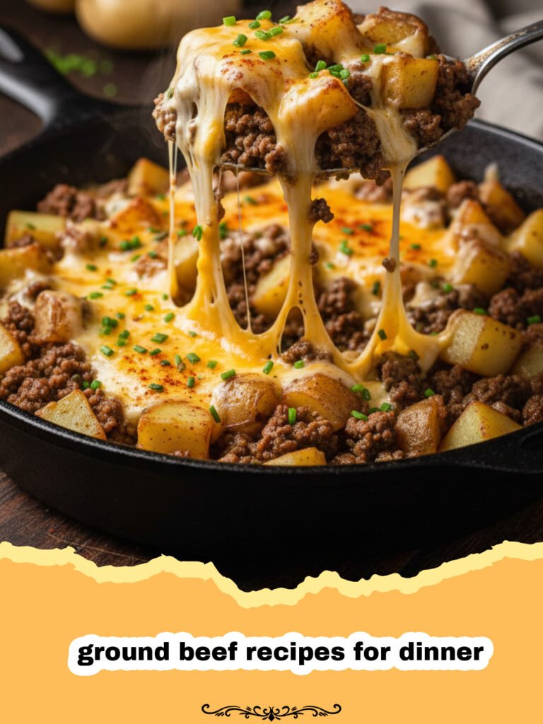 The Ultimate Cheesy Ground Beef Skillet: Your New Weeknight Dinner Hero! 5 ground beef recipes for dinner - Close-up of a cheesy ground beef and pasta skillet, garnished with fresh parsley.