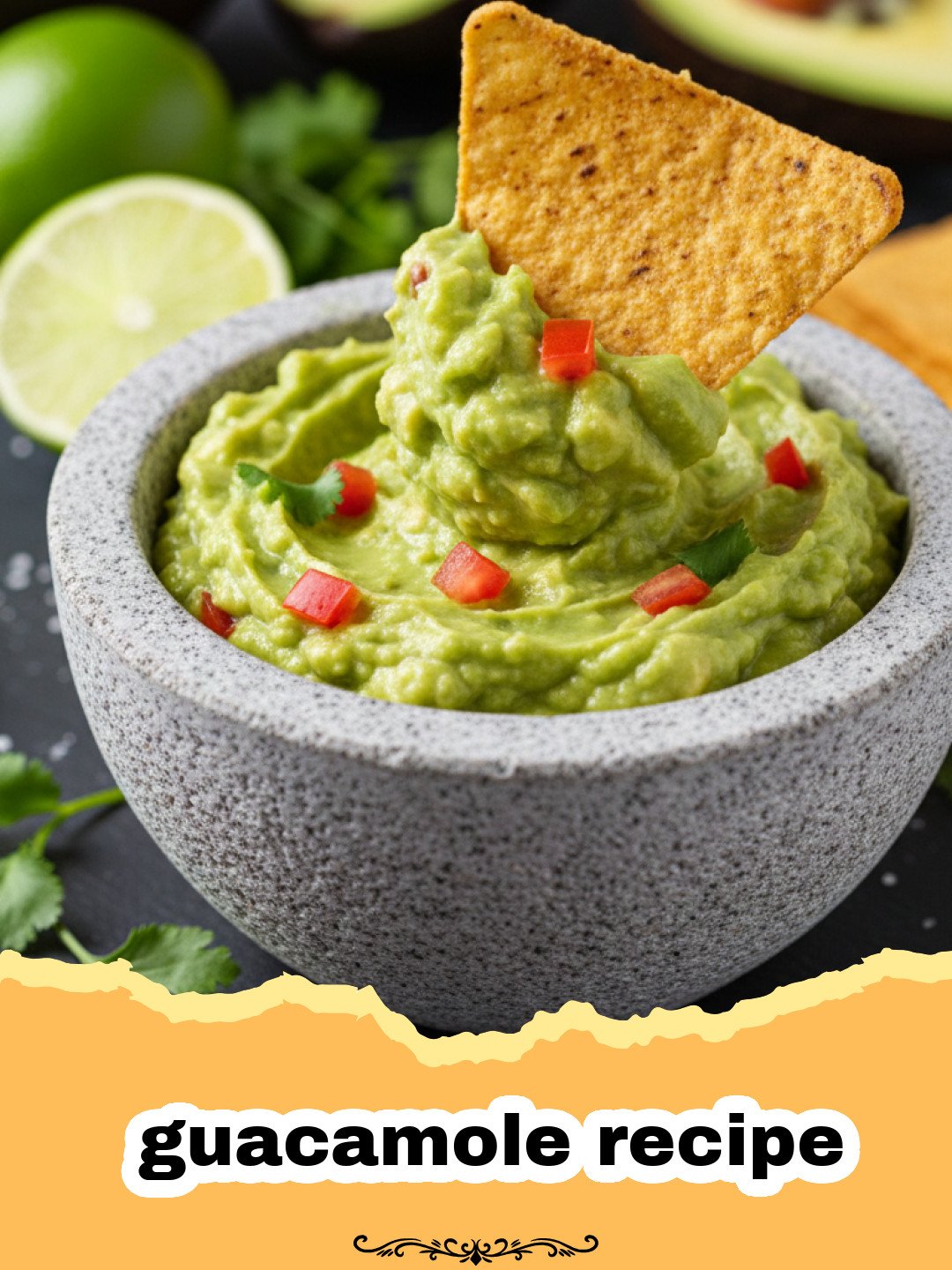 guacamole recipe - Freshly made classic guacamole in a molcajete with tortilla chips