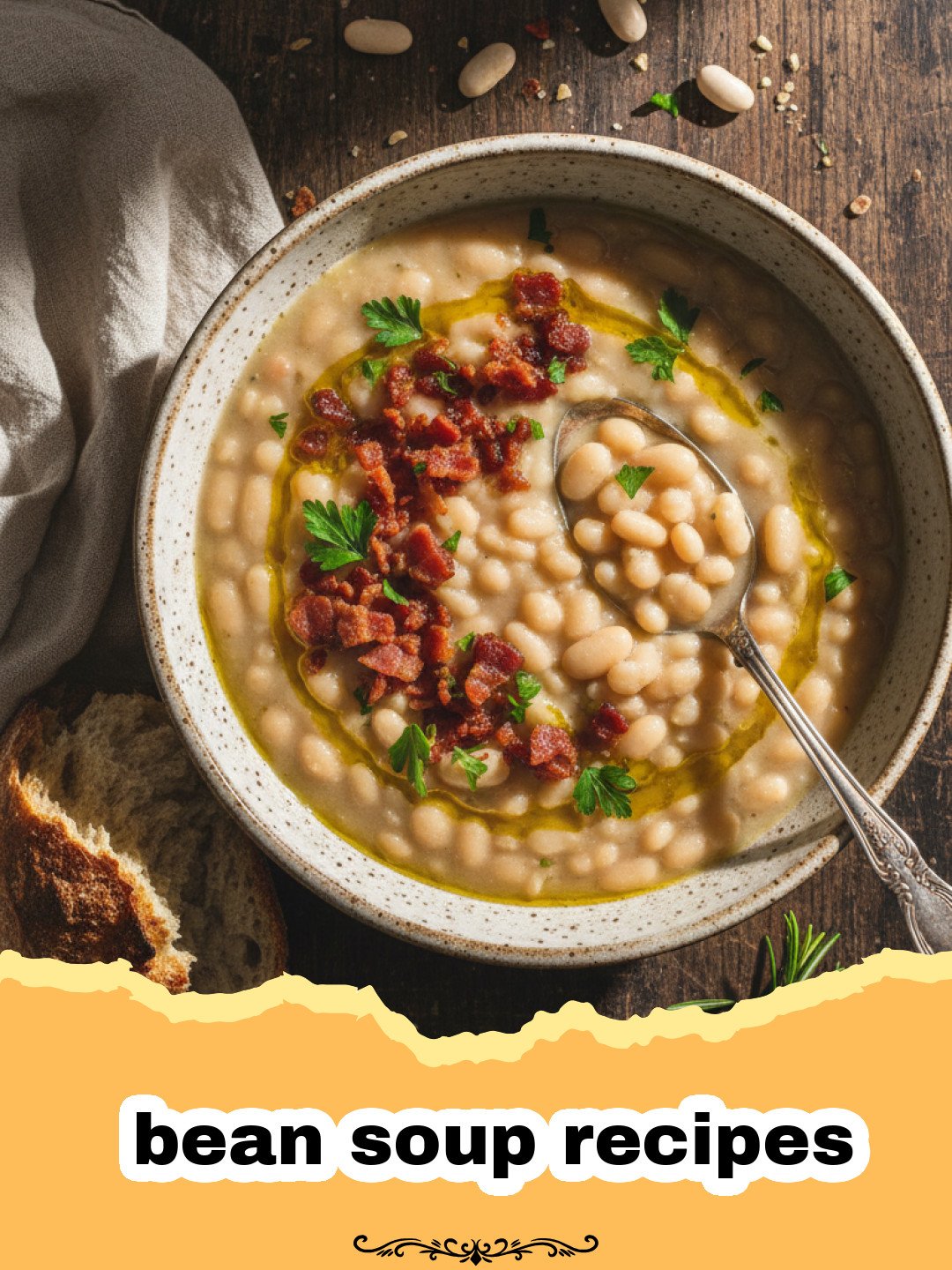 bean soup recipes - A steaming bowl of hearty bean soup with fresh herbs and crusty bread on a rustic wooden table