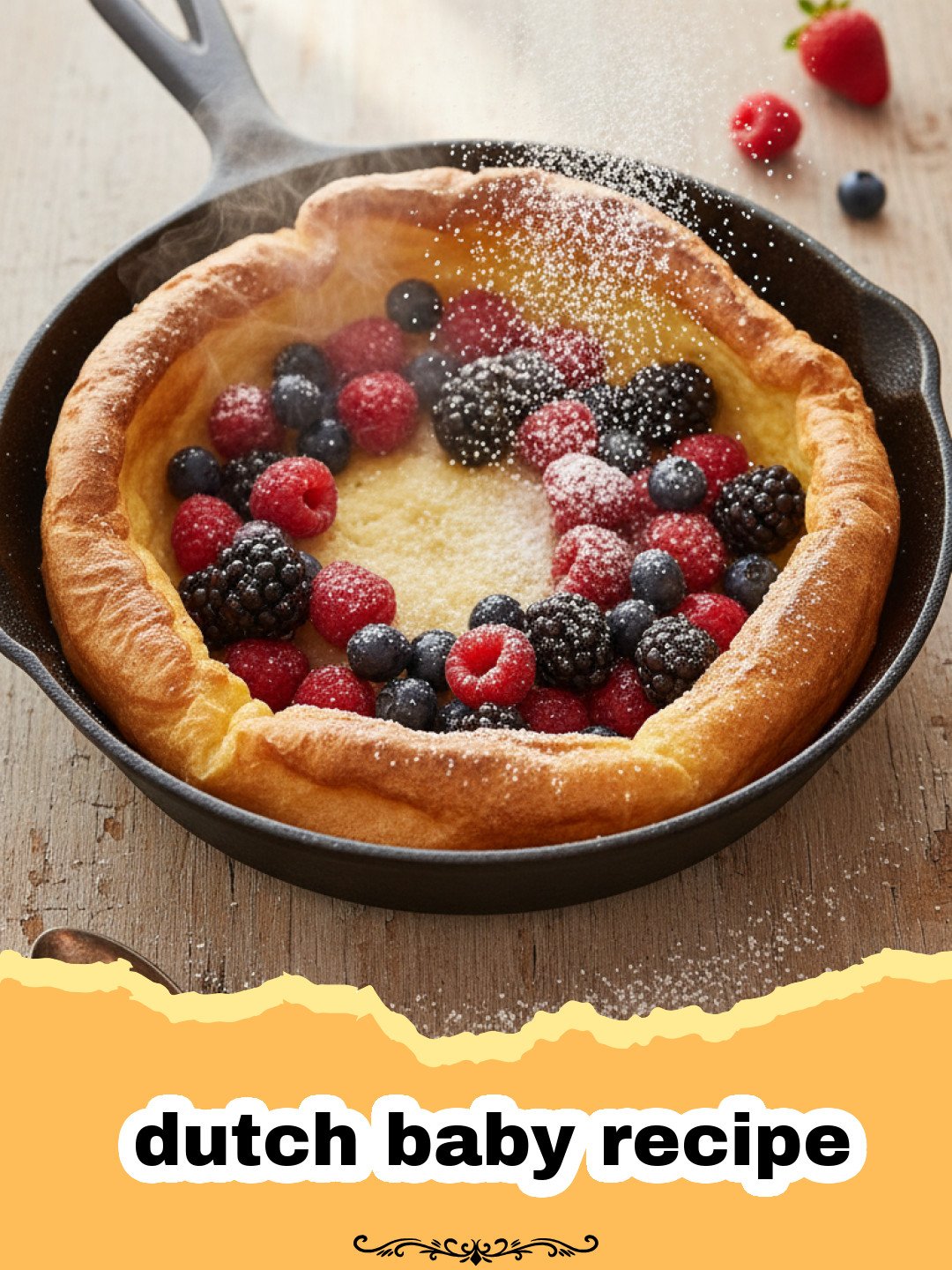 dutch baby recipe - A golden, puffed classic dutch baby pancake in a cast iron skillet, dusted with powdered sugar and topped with fresh berries and lemon slices.