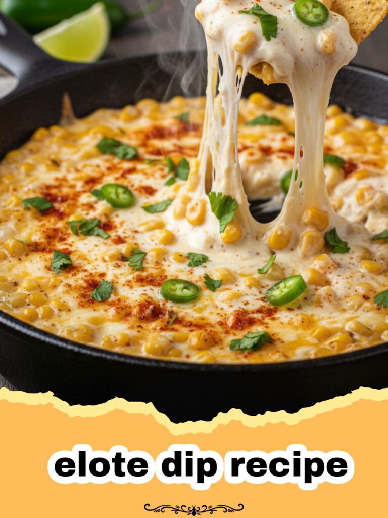 elote dip recipe - A cast iron skillet filled with creamy, cheesy elote dip, garnished with fresh cilantro and cotija cheese, surrounded by tortilla chips and lime wedges.