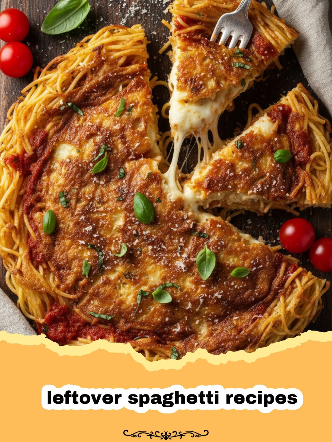 Never Waste a Noodle: The Ultimate Baked Leftover Spaghetti Casserole 3 leftover spaghetti recipes - Close-up of a baked spaghetti casserole with melted, bubbly cheese and rich red sauce.