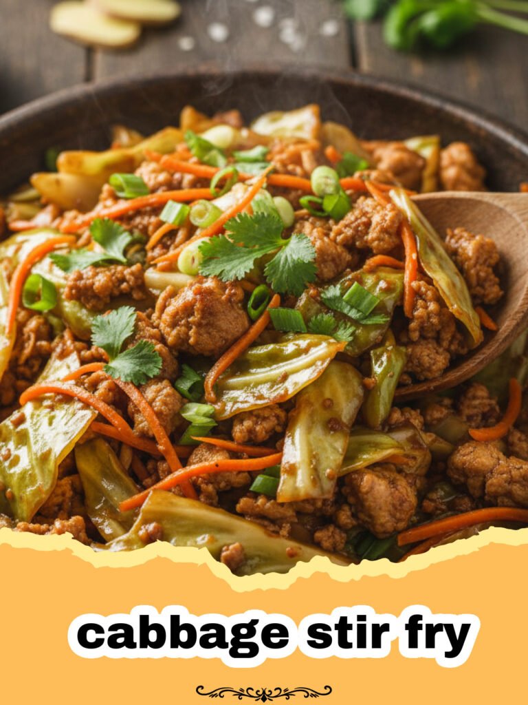 A vibrant bowl of homemade cabbage stir fry with green cabbage, red bell pepper, and sesame seeds, served in a white bowl with chopsticks.