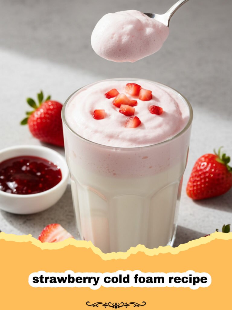 The Ultimate Homemade Strawberry Cold Foam: A Taste of Summer Bliss 5 strawberry cold foam recipe - Glass of iced coffee topped with a thick layer of pink, frothy homemade strawberry cold foam and a fresh strawberry slice.