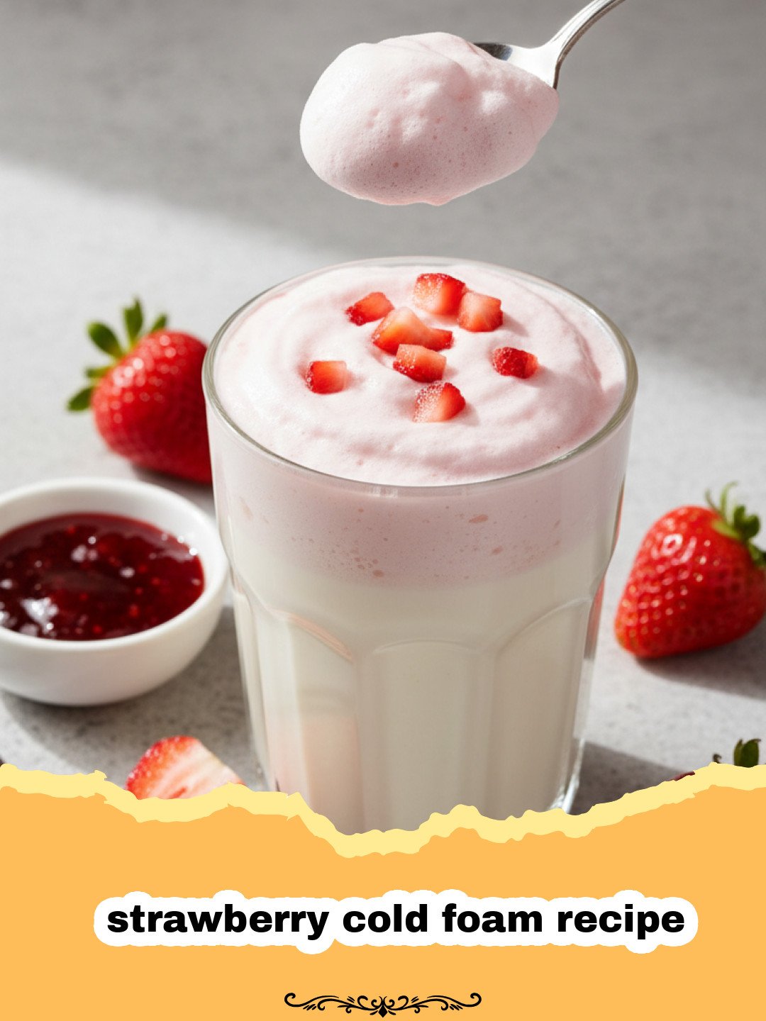 The Ultimate Homemade Strawberry Cold Foam: A Taste of Summer Bliss 3 strawberry cold foam recipe - Glass of iced coffee topped with a thick layer of pink, frothy homemade strawberry cold foam and a fresh strawberry slice.