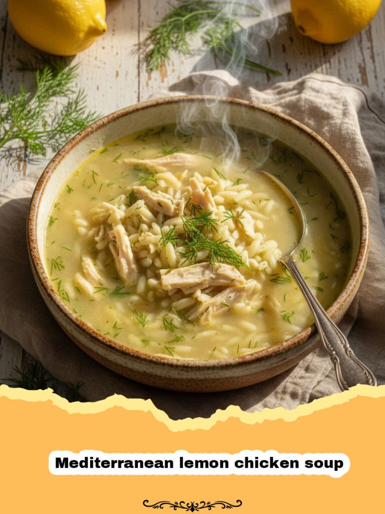 A steaming bowl of Mediterranean lemon chicken soup garnished with fresh dill and a lemon slice.