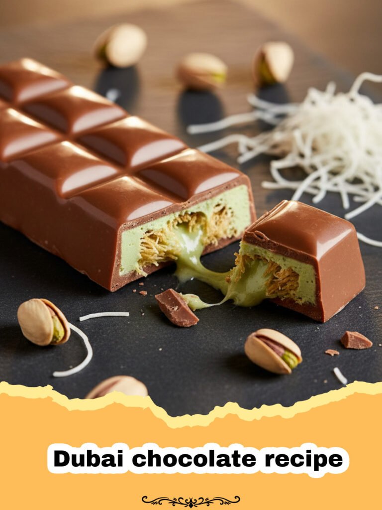 The Ultimate Viral Dubai Chocolate Recipe: Making the Pistachio Kunafa Bar at Home 5 Dubai chocolate recipe - A broken Dubai chocolate bar showing the crunchy green pistachio filling