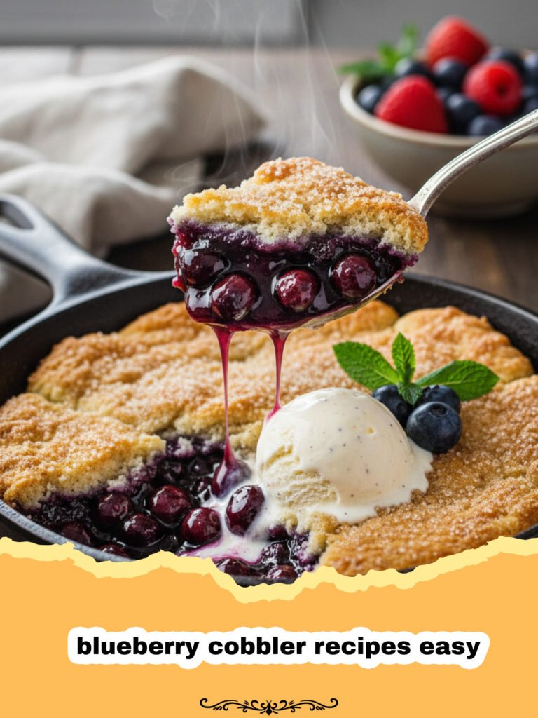 blueberry cobbler recipes easy - Close-up of a warm, golden-brown classic easy blueberry cobbler with a bubbly fruit filling and a scoop of melting vanilla ice cream on top.