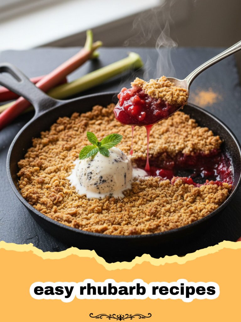easy rhubarb recipes - Close-up of Easy Rhubarb Crumble Bars, cut into squares, with a slight dusting of powdered sugar on a wooden board.