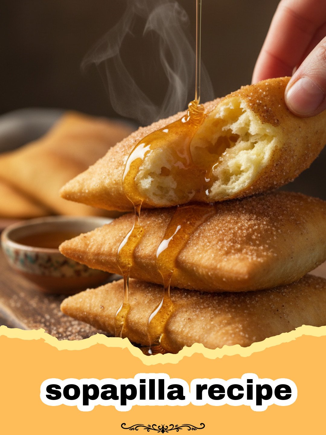 sopapilla recipe - Freshly fried golden sopapillas drizzled with honey and dusted with powdered sugar on a white plate