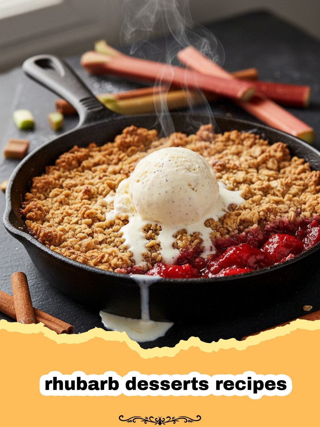rhubarb desserts recipes - A warm classic rhubarb crumble with a golden oat topping in a baking dish, served with a scoop of melting vanilla ice cream.