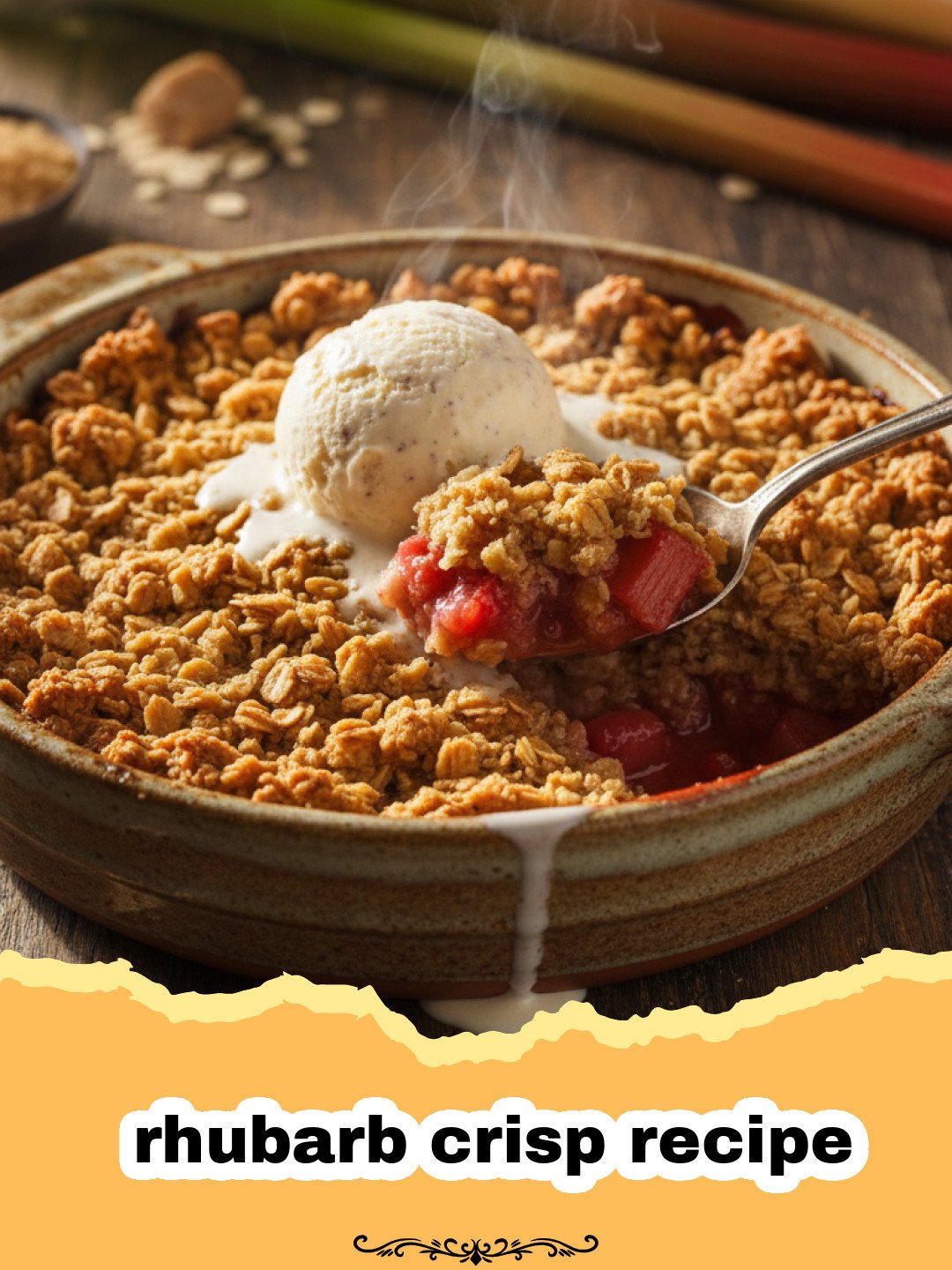 rhubarb crisp recipe - A golden, bubbly rhubarb crisp in a white baking dish, served with a scoop of melting vanilla ice cream.