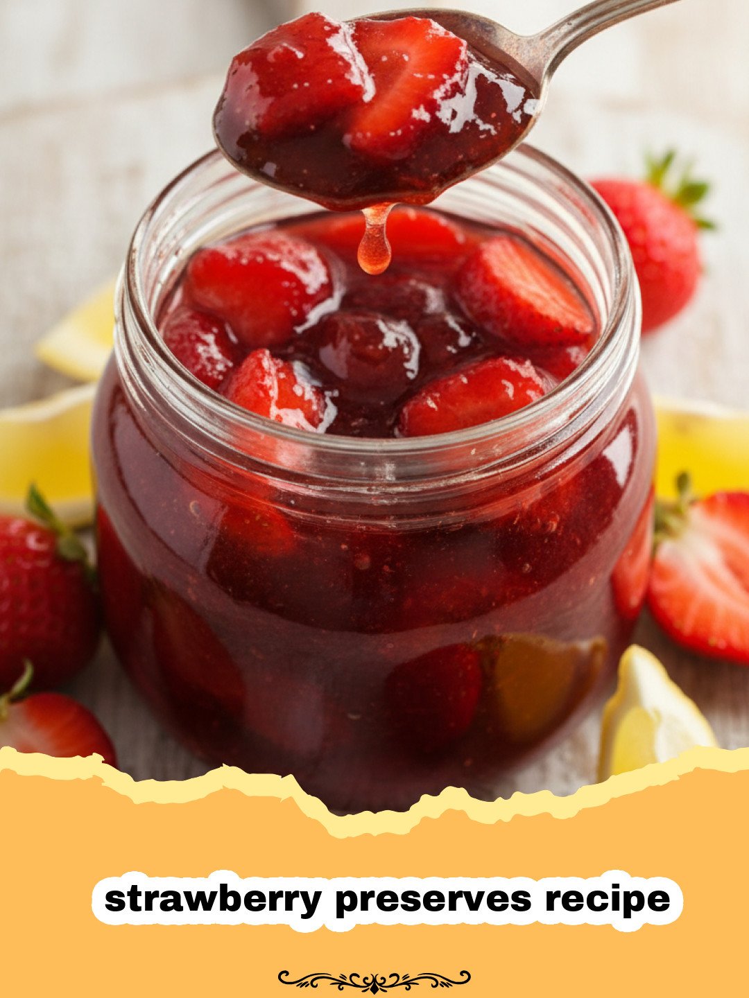 A close up of an open jar of this strawberry preserves recipe on a rustic wooden table