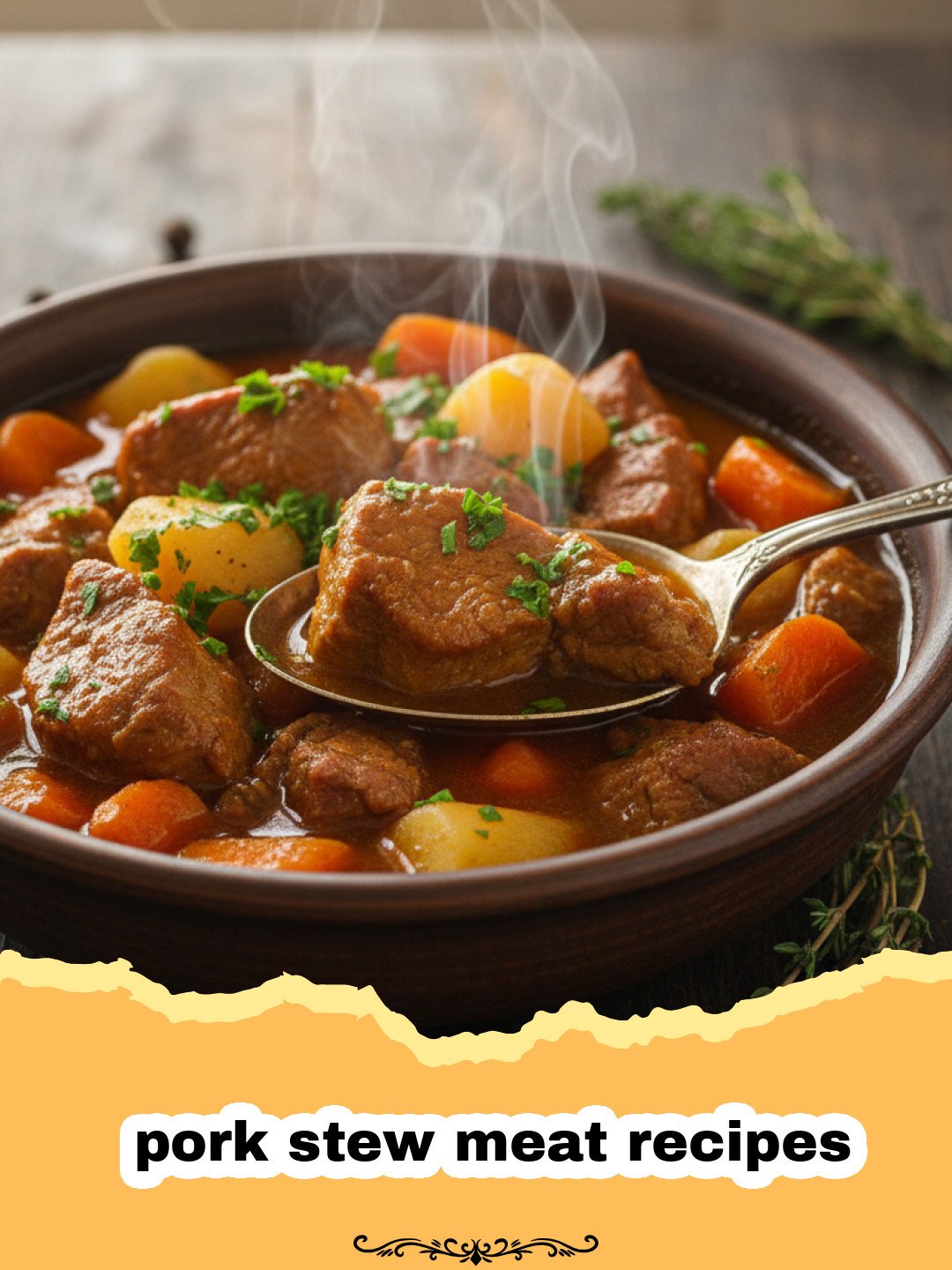 pork stew meat recipes - A rich, hearty bowl of slow-cooked pork stew with potatoes, carrots, and mushrooms, garnished with fresh parsley.
